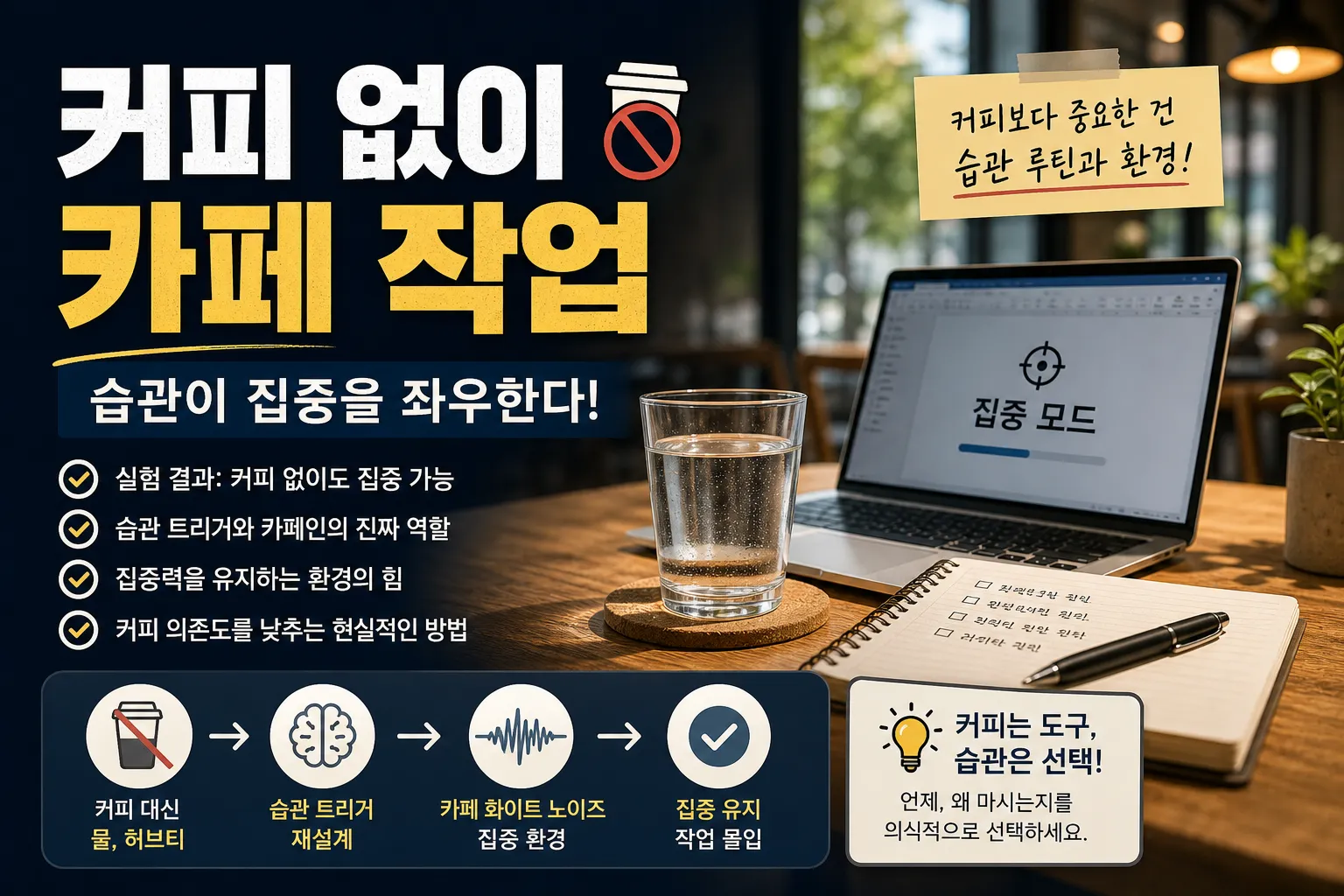 커피 없이 카페 작업 (습관 트리거, 집중력, 카페인)