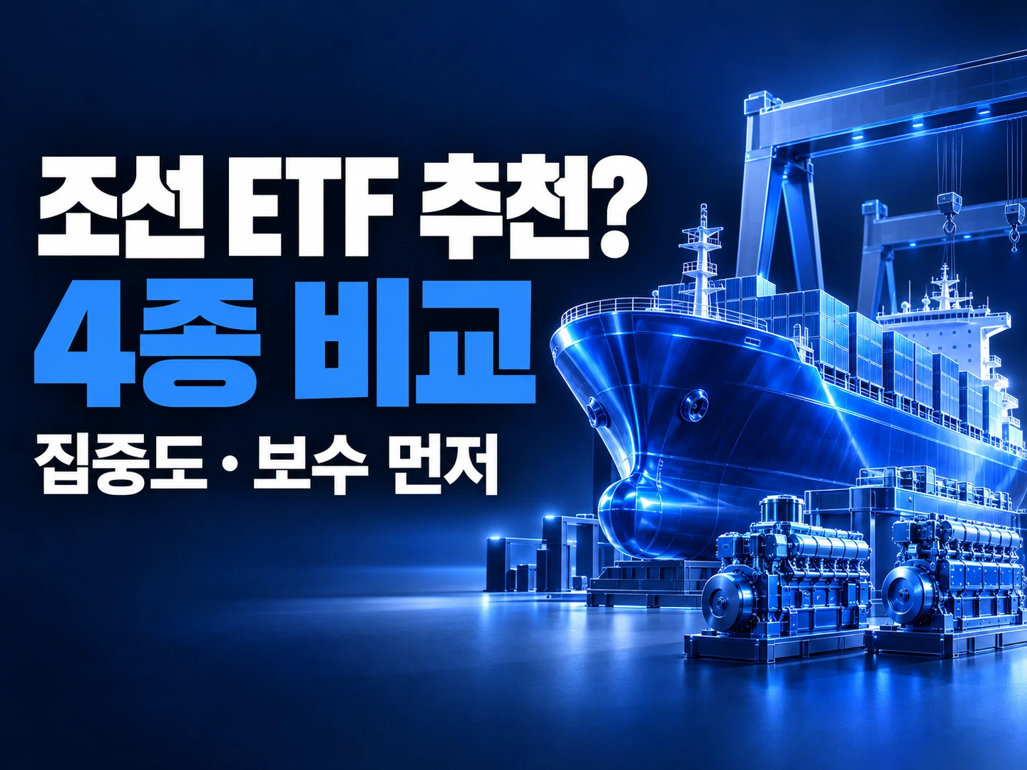 투명한 파란 선박과 조선소를 배경으로 조선 ETF 4종 비교를 알리는 표지