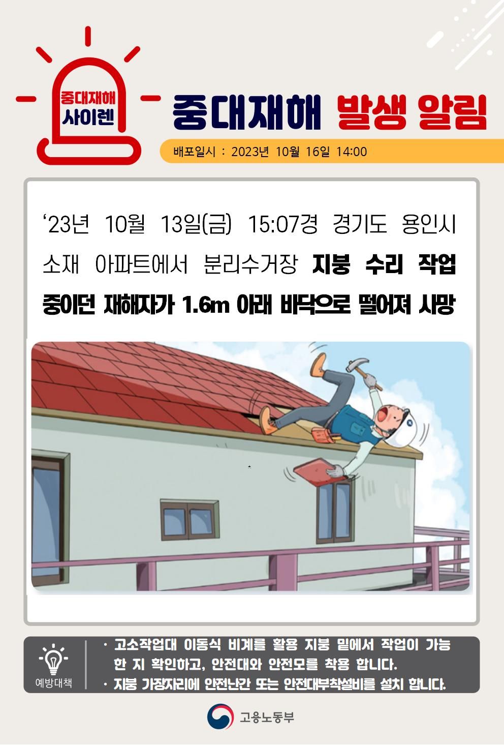 아파트 분리수거장 지붕수리 작업 중 떨어짐(1.6m)