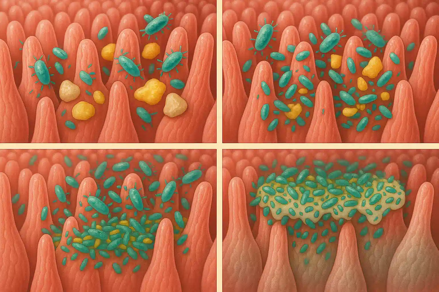 혀 표면 돌기 사이에 세균과 음식물 찌꺼기가 쌓여 백태가 형성되는 과정