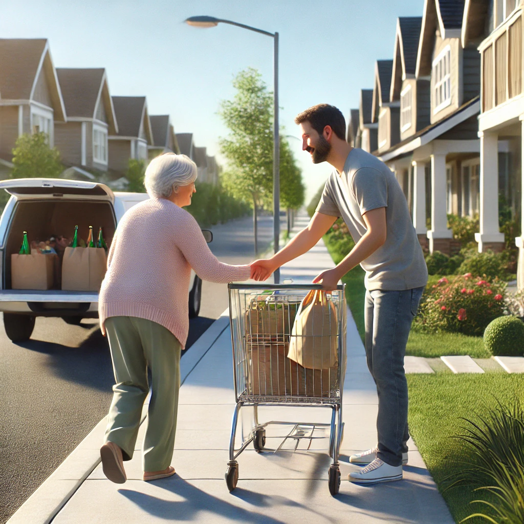 이웃의 장바구니를 들어주는 모습