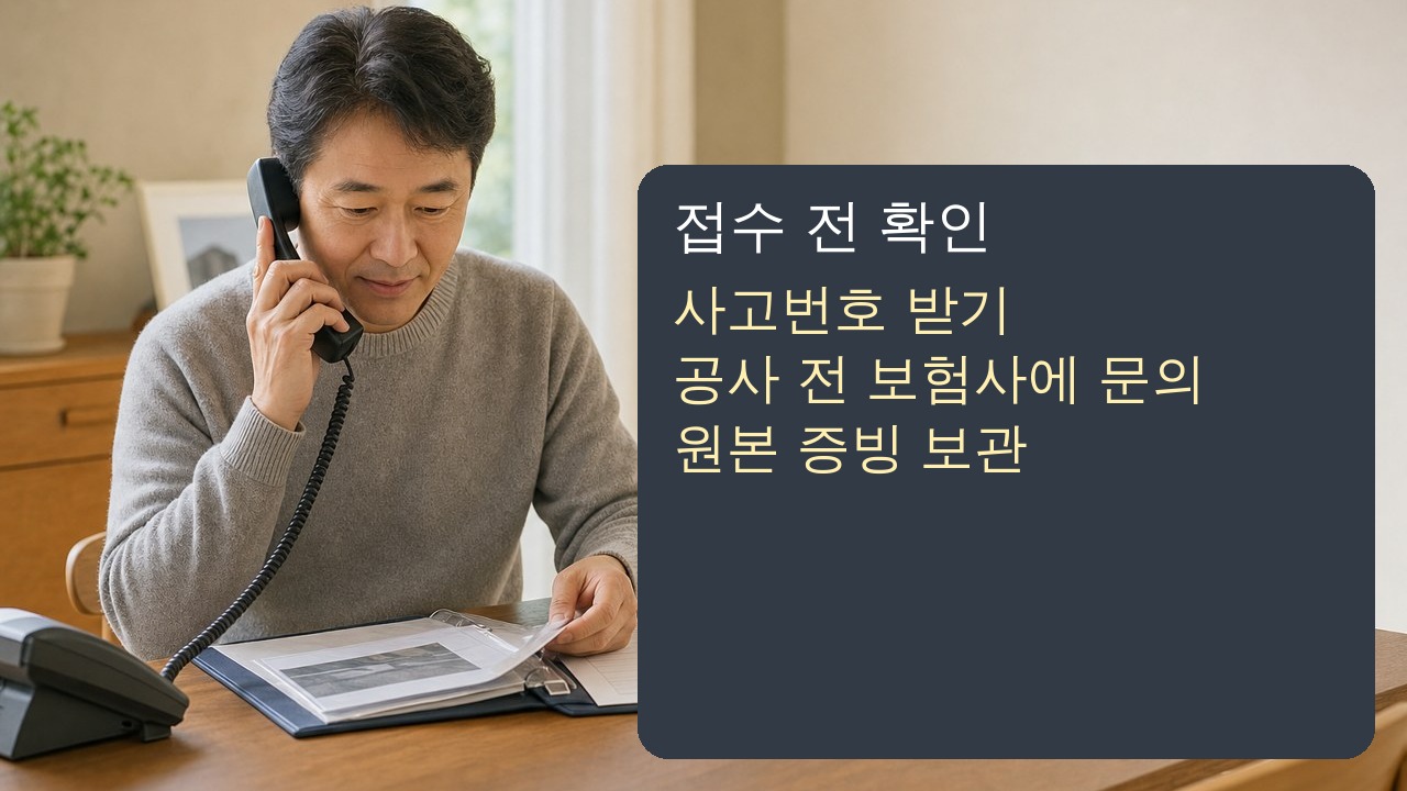 보험사 공식 창구에 누수 사고를 접수하고 증빙 폴더를 확인하는 중년 주택 소유자 이미지