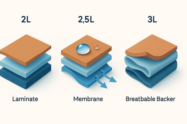 2L, 2.5L, 3L 방수 원단의 구조적 차이를 층별로 비교한 단면도 설명 이미지