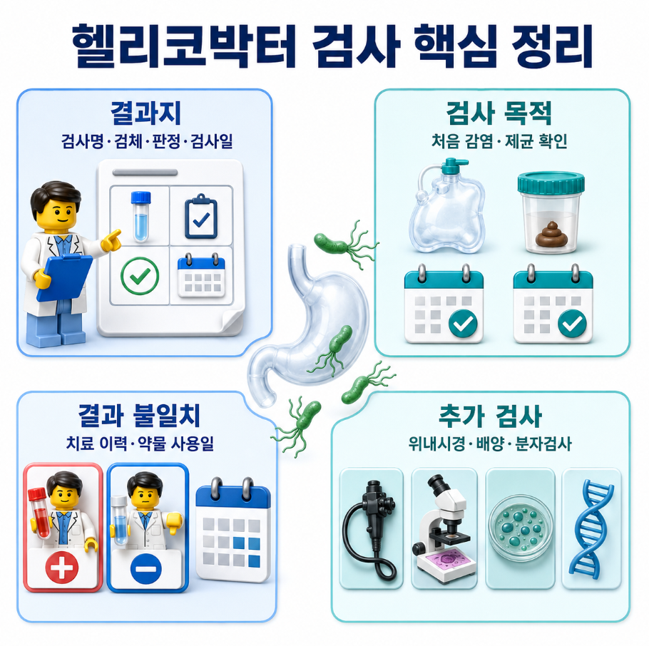 헬리코박터 검사 핵심 정리에서 결과지 확인·검사 목적·결과 불일치·추가 검사를 요약한 의료 인포그래픽