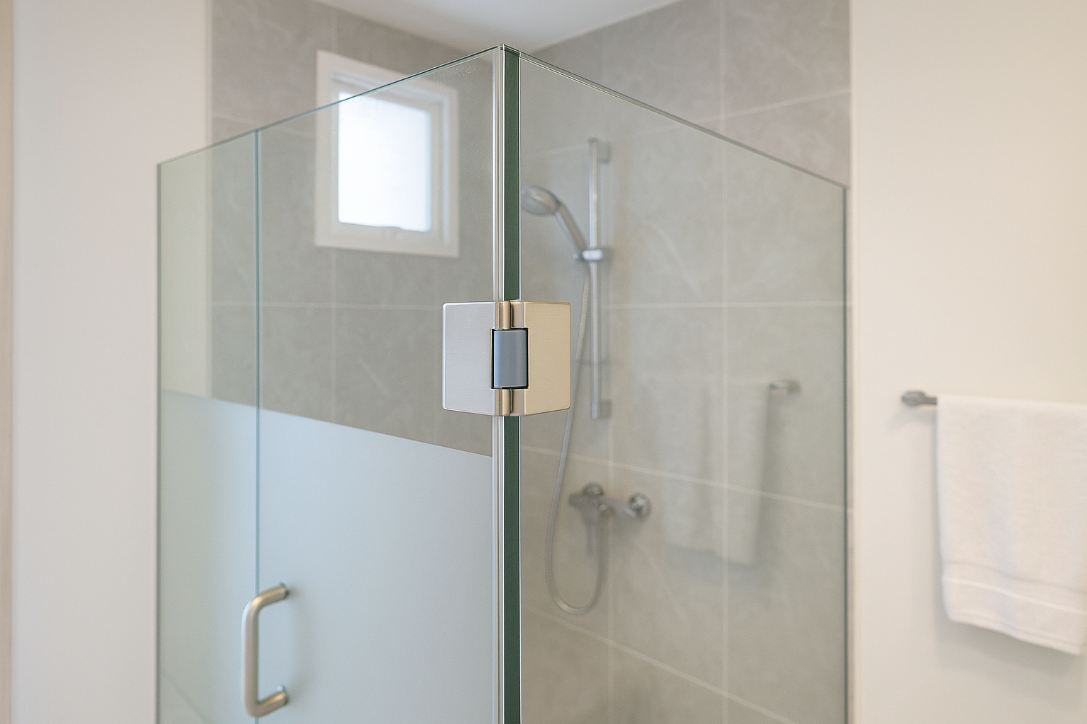 프라이버시 필름을 부착한 강화유리 샤워부스와 스테인리스 경첩