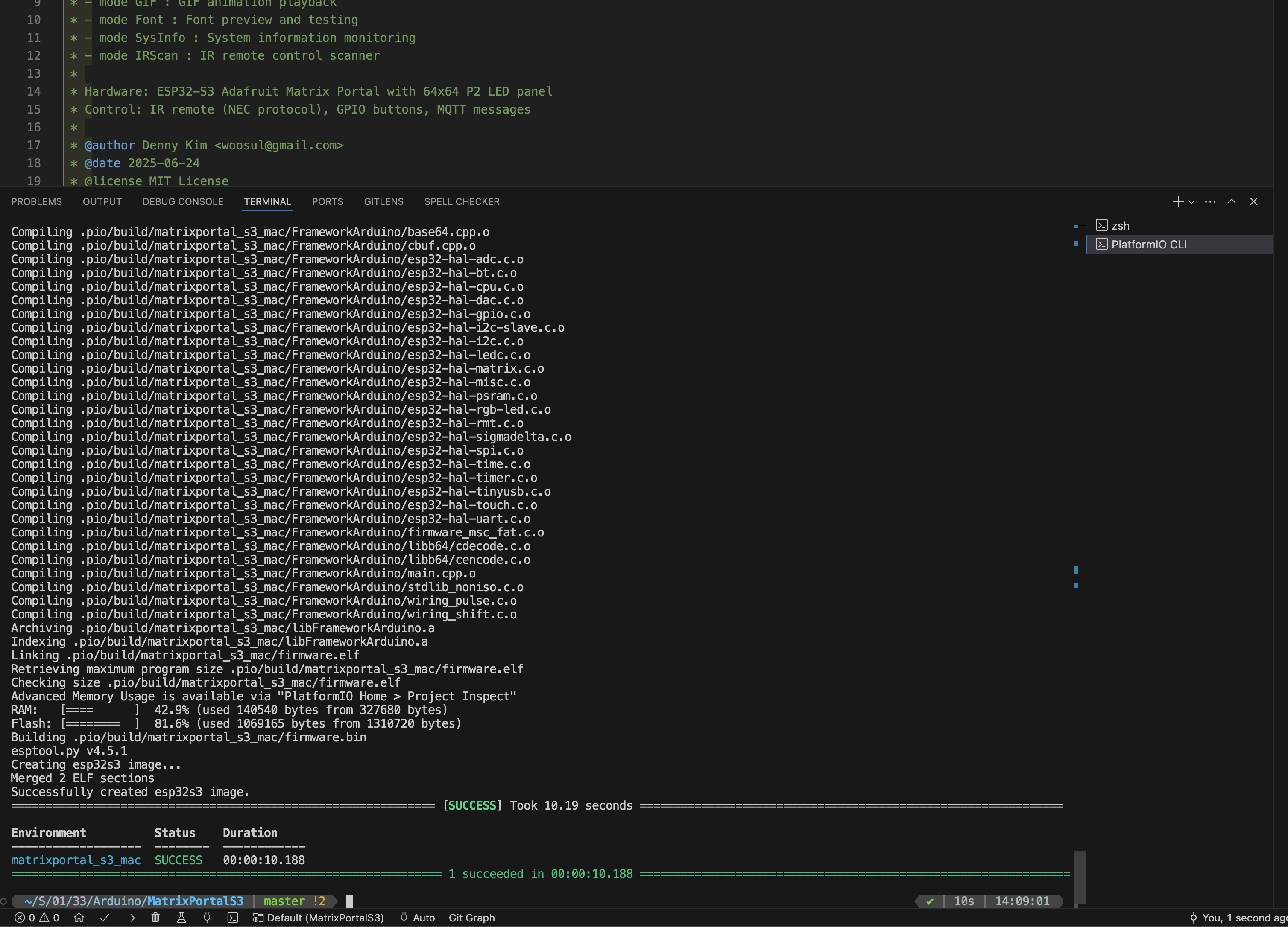 프로그램 빌드(컴파일)가 정상적으로 완료된 경우 ("./ProjectFolder/pio run")