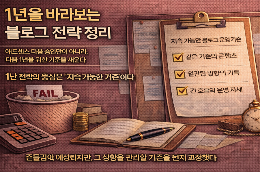 블로그 운영 중 발생할 수 있는 흔들림을 관리 기준으로 정리한 이미지, 지속 가능한 운영 원칙과 장기 시선이 강조된 장면