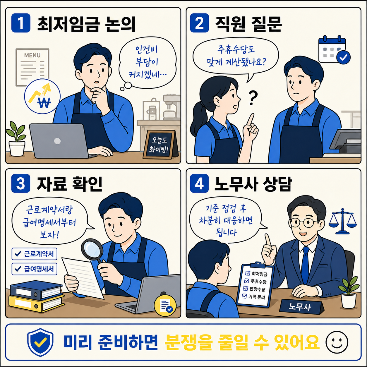 아이보리 배경의 정사각형 네컷만화. 1컷에서는 최저임금 논의를 보며 인건비 부담을 걱정하는 자영업자 캐릭터가 노트북 앞에 앉아 있다. 2컷에서는 직원이 &lsquo;주휴수당도 맞게 계산됐나요?&rsquo;라고 질문하는 장면이 나온다. 3컷에서는 자영업자가 근로계약서와 급여명세서를 확인하며 자료를 점검하는 모습이 보인다. 4컷에서는 노무사와 상담하며 차분히 대응 방법을 듣는 장면이 나오고, 하단에는 &lsquo;미리 준비하면 분쟁을 줄일 수 있어요&rsquo;라는 메시지가 들어가 있다.