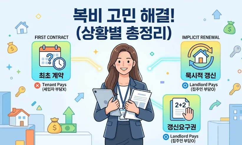 전월세 계약 중도해지 복비: 전문가 캐릭터가 전월세 계약 중도해지 시 복비(중개수수료) 부담 주체를 상황별로 안내하는 일러스트입니다. 최초 계약, 묵시적 갱신, 계약갱신청구권 행사 등 3가지 주요 상황을 아이콘으로 구분하여, 세입자와 집주인 중 누가 복비를 내야 하는지 법적 기준을 직관적으로 보여주는 가이드 이미지입니다.
