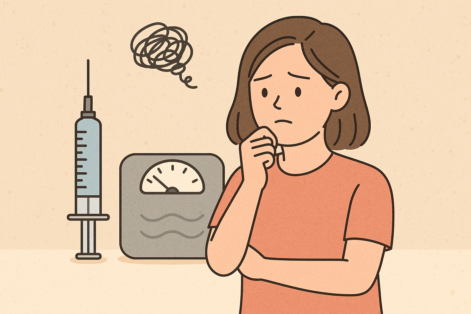 살이 빠지지 않아 고민하는 여성과 주사기, 체중계가 함께 있는 일러스트