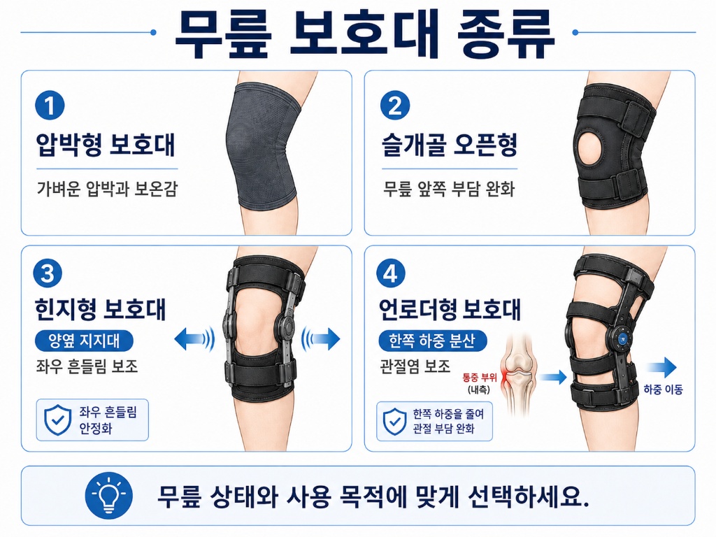 압박형 슬개골 오픈형 힌지형 언로더형 무릎 보호대 종류 비교