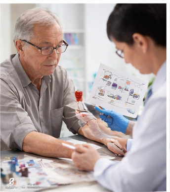 병원에서 의사가 치매증상으로 방문한 시니어에게 혈액 바이오마커 검사를 통해 치매 조기 진단과 설명을 하고 있는 모습
이미지 출처:Gemini AI 생성