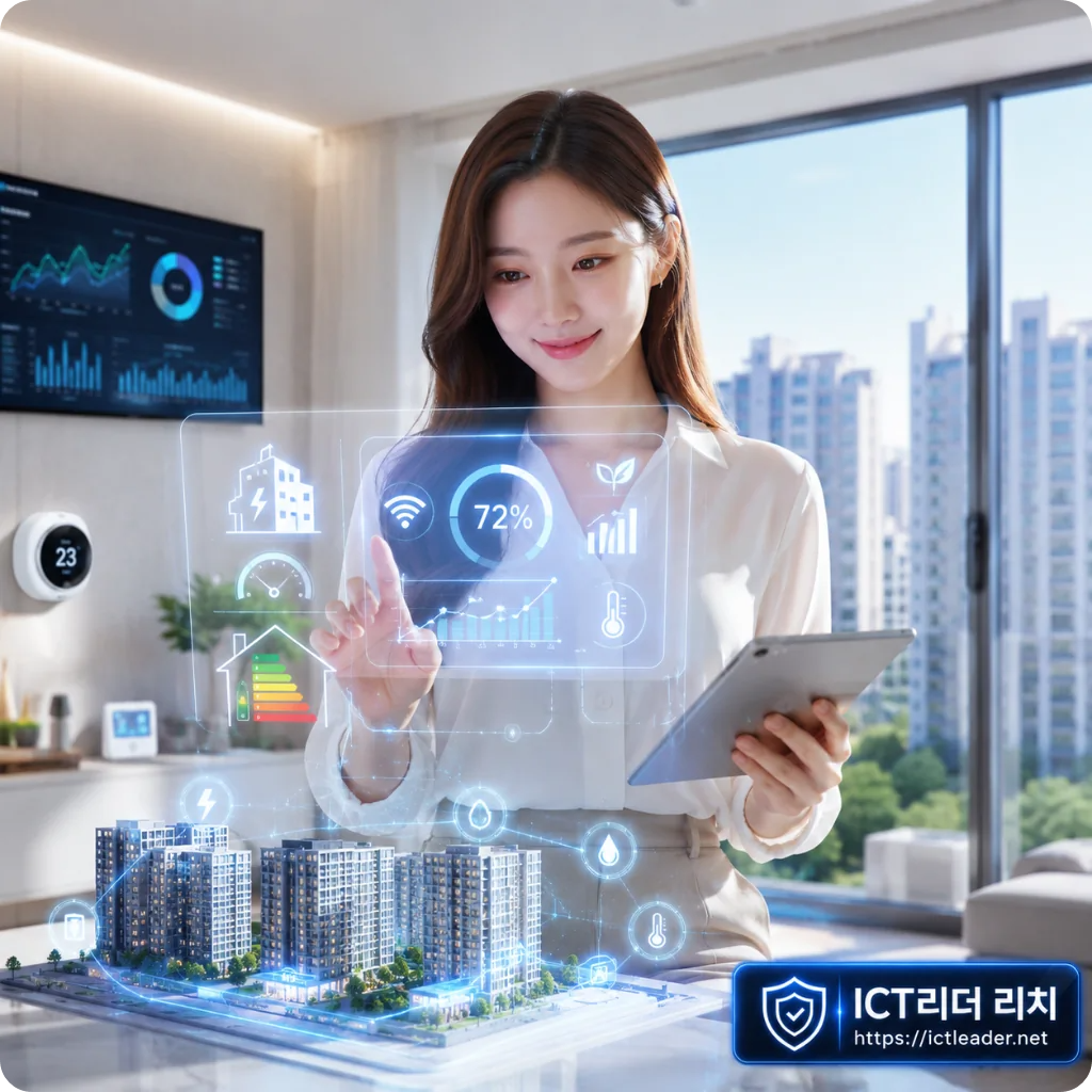 스마트 아파트에서 태블릿으로 EMS 에너지 대시보드를 확인하는 여성 대표 썸네일