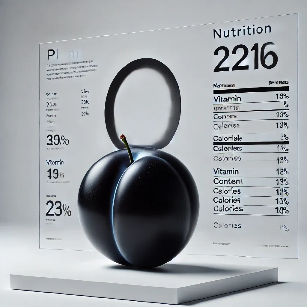 흑매실 한 개가 하얀 배경 위에 놓여 있고&amp;#44; 옆에 칼로리와 비타민 등 영양정보가 표시된 모습