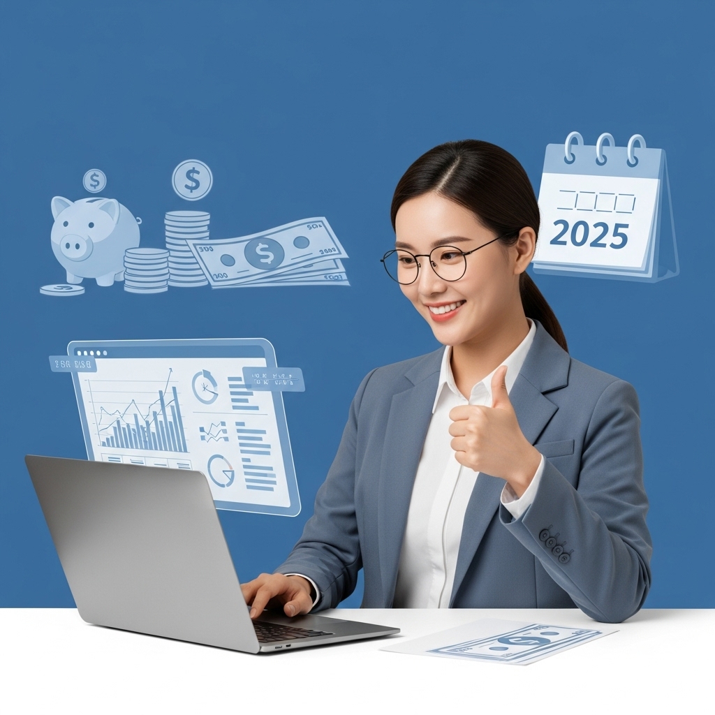 2025년 직장인 소득세 절세 꿀팁을 통해 재정적 자유를 얻는 밝은 미소의 한국인 직장 여성