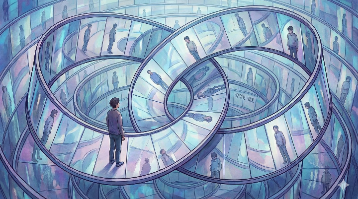 거울 미로 속에 서 있는 사람의 일러스트