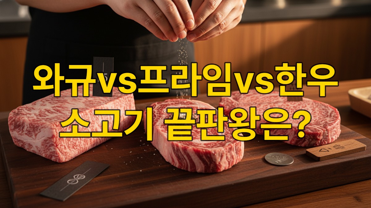 나무 도마 위에 놓인 최상급 일본 와규, 미국산 프라임, 한우 등심 스테이크와 이를 손질하는 한국인의 손