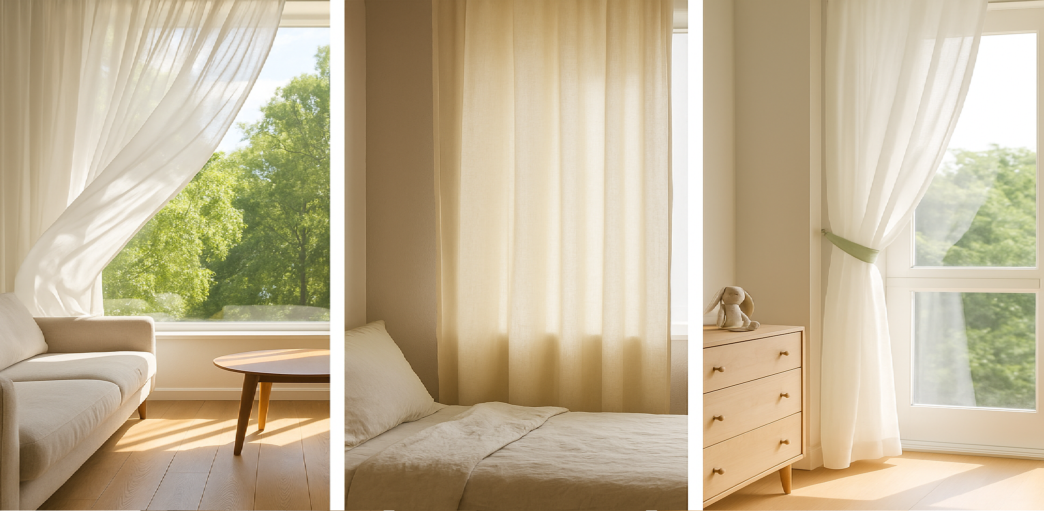 각 공간별 린넨 커튼 배치 사진 (거실/침실/아이방)