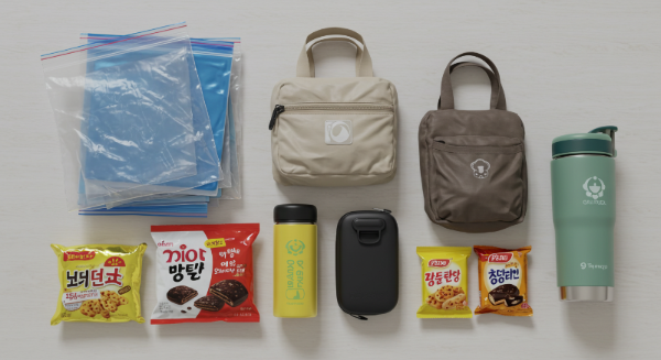 지퍼백, 우산, 에코백, 간식, 텀블러 등 기타 필수 준비물 모음