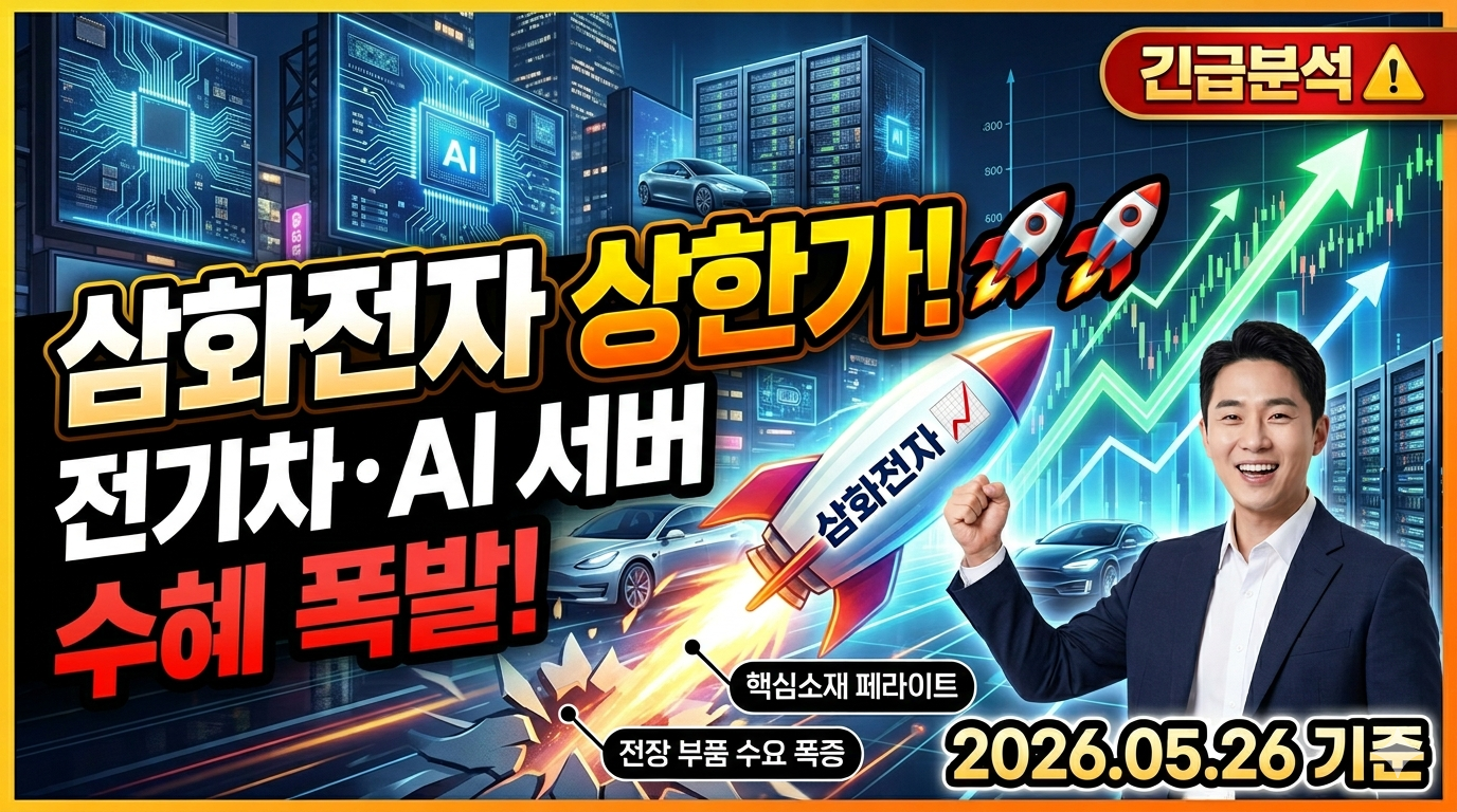 전기차 전장 부품 및 AI 데이터센터 서버용 페라이트 코어를 생산하는 삼화전자의 주가 급등 흐름과 주식 시장 전망 이미지]