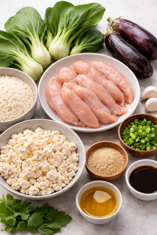 완료기 이유식 닭고기 청경채 참깨 진밥 식재료 세팅 사진