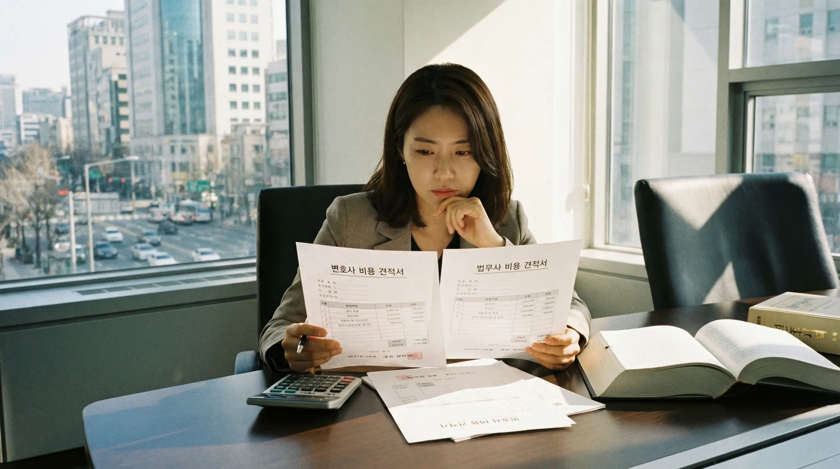 한국인 30대 여성이 법률사무소 상담실에서 법무사와 변호사 비용 견적서를 비교하며 계산기로 확인하고 선택을 고민하는 신중한 모습