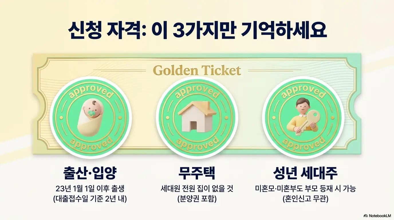 신생아 특례 대출 조건: 신생아 특례 대출 신청 자격 3가지를 골든 티켓으로 표현한 이미지. 2023년 1월 이후 출산&middot;입양&amp;#44; 세대원 전원 무주택&amp;#44; 성년 세대주 요건을 승인 도장과 함께 정리해 신청 조건을 한눈에 보여줌. 