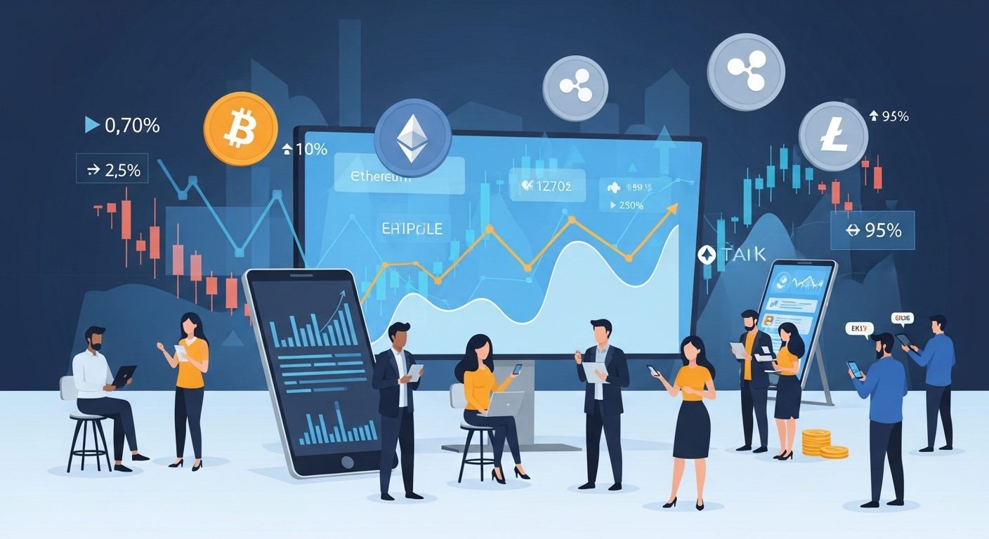 다양한 암호화폐 심볼과 그래프가 움직이는 디지털 거래소 화면 앞에서 거래하는 사람들을 묘사한 이미지