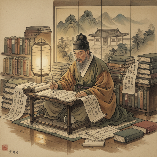 고려 시대 학자의 모습과 옛 서책, 두루마리가 어우러진 이미지로 구 안동 김씨의 학문적 배경을 상징