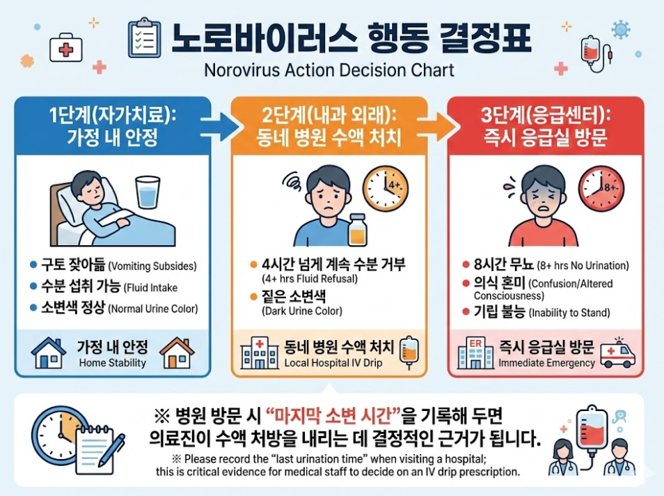 노로바이러스 증상 단계별 자가치료&middot;외래&middot;응급실 행동 결정표