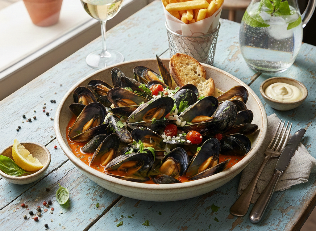 홈 파티 요리 와인 홍합스튜