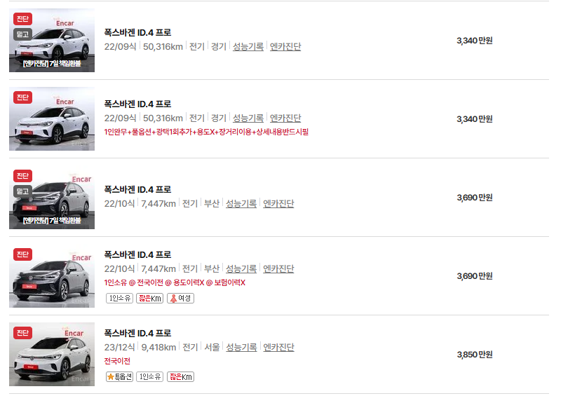 폭스바겐 ID.4 중고차 가격 시세표 연비