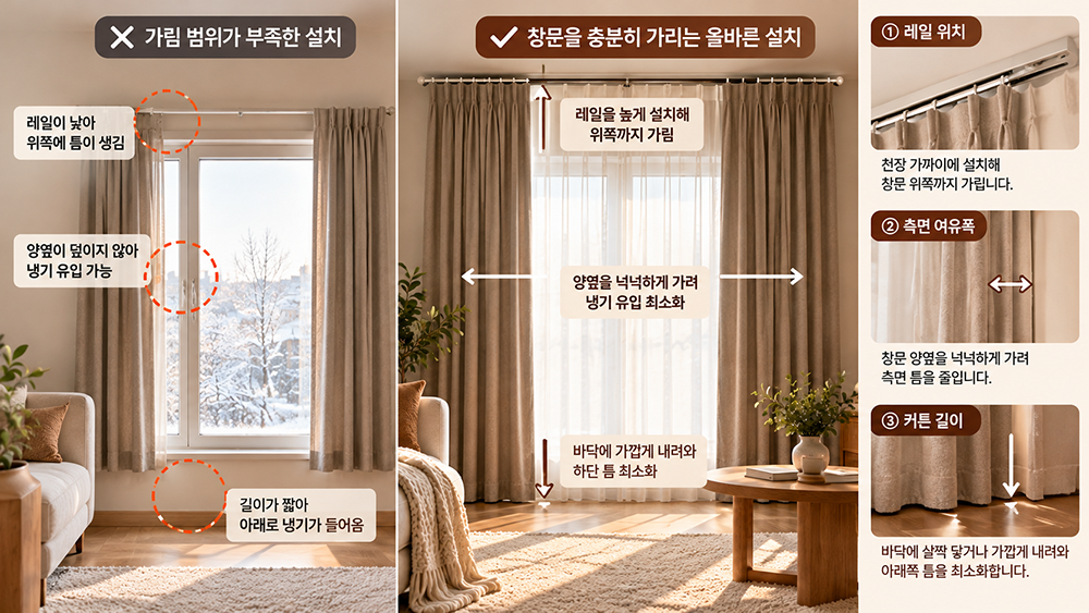 겨울철 방한커튼의 잘못된 설치와 올바른 설치 방법을 비교한 이미지. 레일을 높게 설치하고 창문 양옆을 충분히 가리며 커튼을 바닥 가까이 내려 열손실을 줄이는 배치 방법을 설명함.
