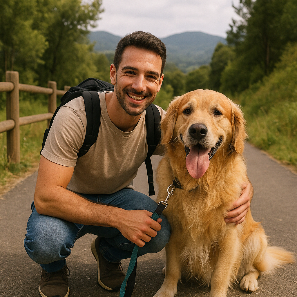 산책로에서 골든리트리버와 함께 포즈를 취하는 젊은 남성. 배경은 울창한 숲과 산으로 둘러싸인 평화로운 자연 경관이며&amp;#44; 두 사람 모두 활짝 웃고 있다.