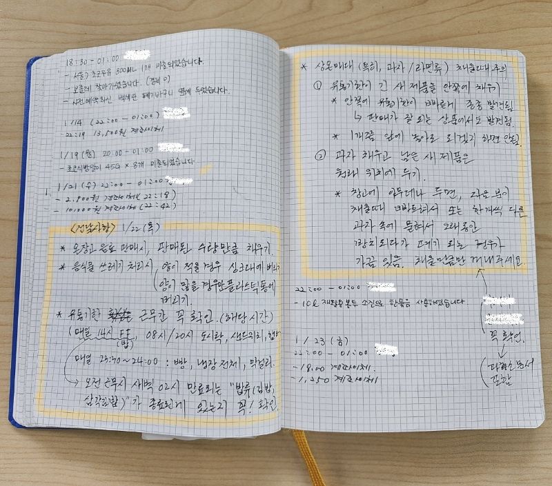 노란색 하이라이트 펜으로 꼼꼼하게 체크된 편의점 운영 인수인계 노트. 시간대별로 빵, 냉장식품, 막걸리 등 신선식품의 유통기한 확인 지시사항이 빽빽하게 적혀 있는 사장의 실전 관리 기록.