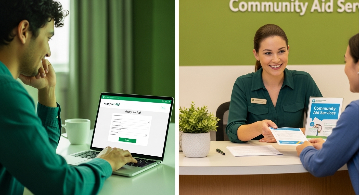 에너지바우처를 온라인(컴퓨터)과 주민센터 방문을 통해 신청하는 두 가지 방법을 보여주는 이미지