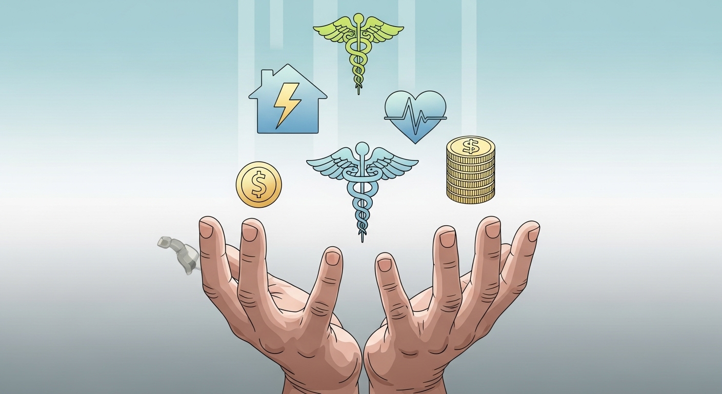 에너지 바우처와 의료비 지원을 상징하는 이미지. 도움이 필요한 가구에 실질적인 혜택이 전달되는 모습을 묘사한다.