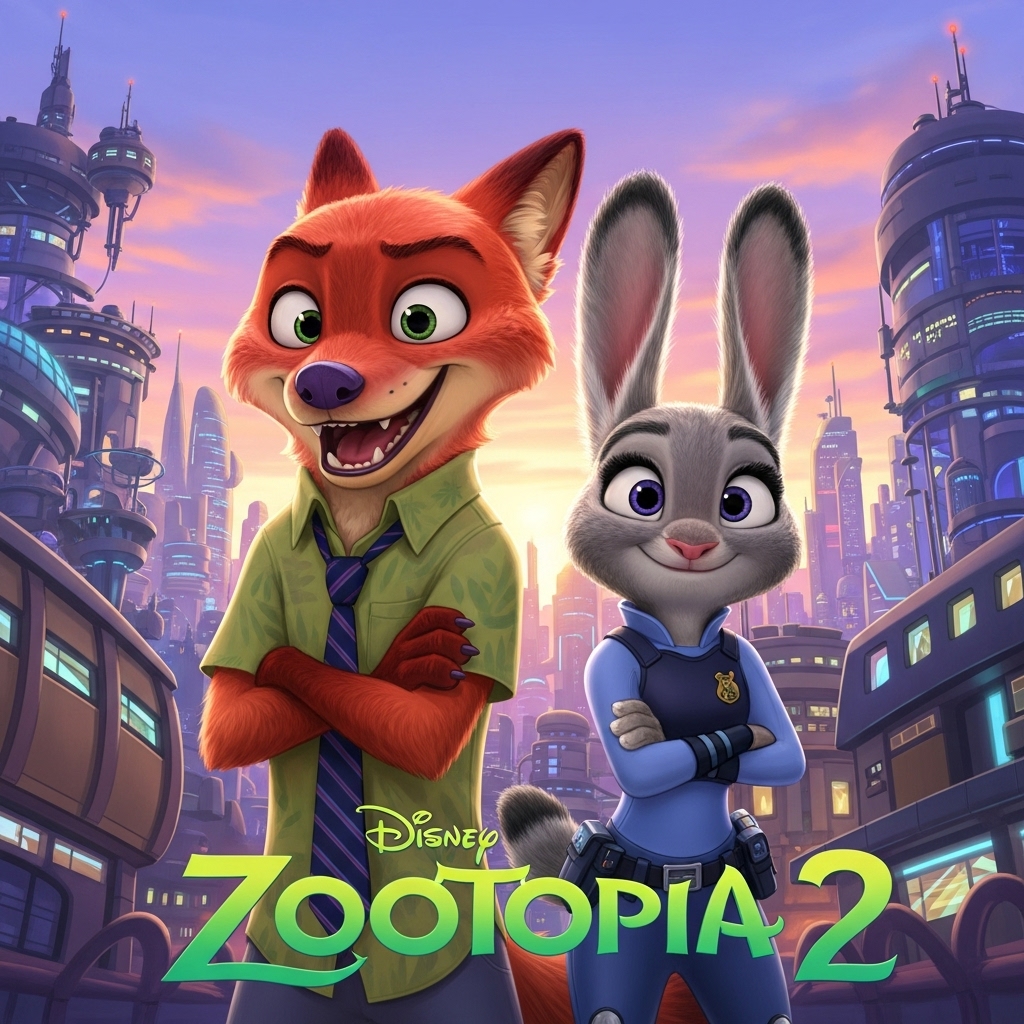 주토피아2 개봉을 앞두고 닉 와일드와 주디 홉스가 활기찬 주토피아 도시를 배경으로 나란히 서 있는 모습. 새로운 모험에 대한 기대감이 느껴진다.