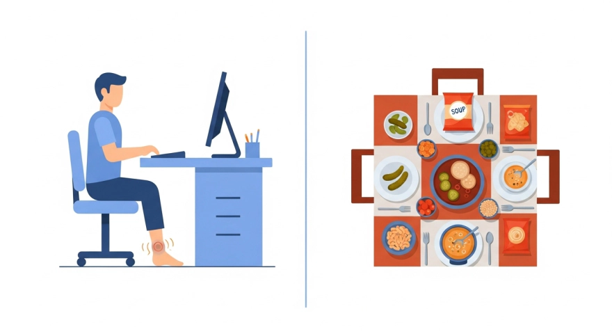 오래 앉아 있는 자세와 짠 음식 섭취로 다리가 붓는 상황을 표현한 그림