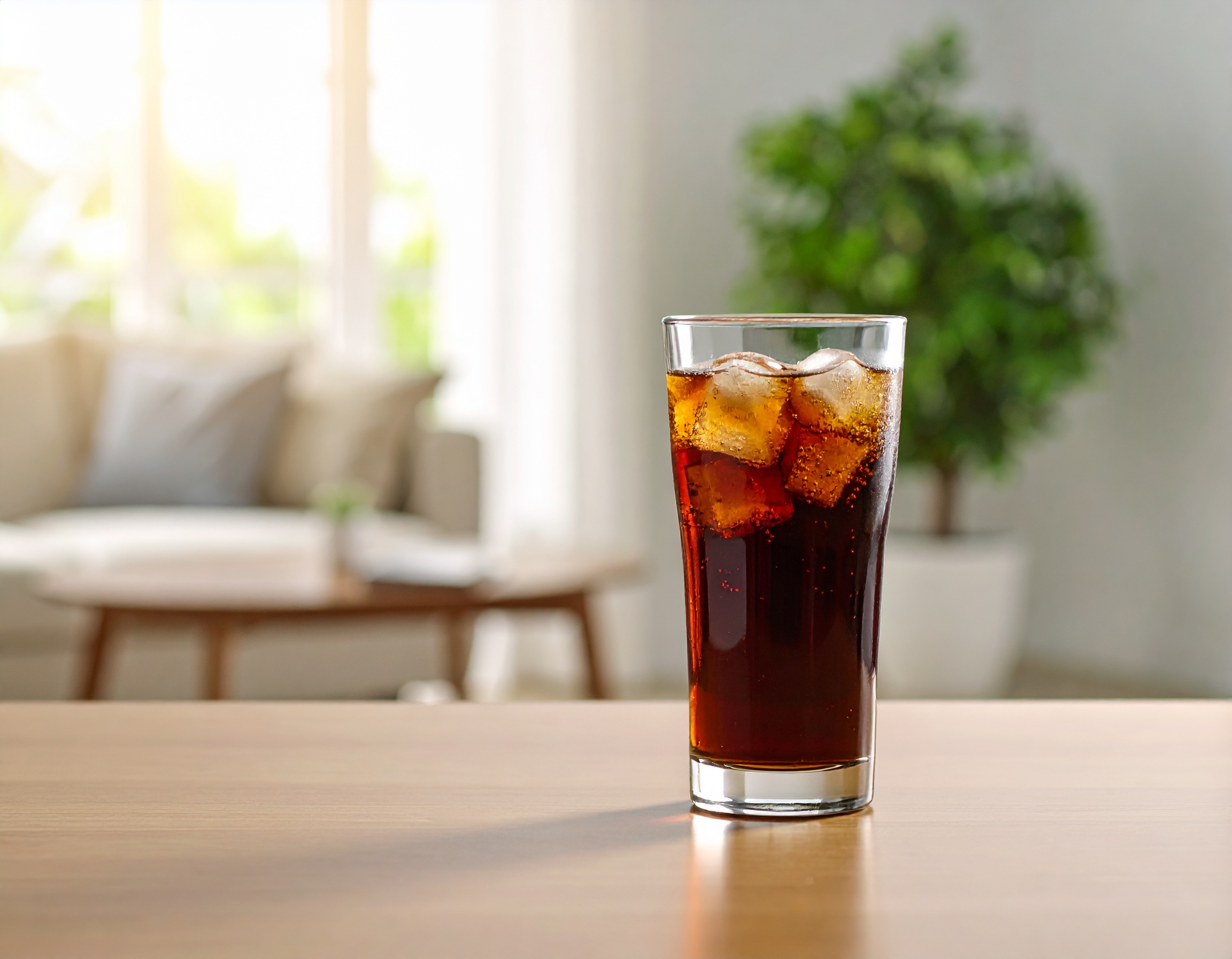 테이블 위 유리잔에 담긴 얼음 탄산음료. 고혈압 원인 중 하나로 알려진 첨가당이 많은 음료의 대표 사례