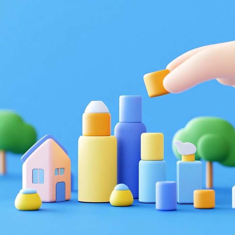 미국 월배당 ETF로 가족과 함께 장기 투자 및 은퇴자금 포트폴리오를 다양한 색상의 블록으로 구성하는 투자자, ETF분산투자, 미국 배당주, 장기적 투자전략, 가족 중심의 미래계획이 조화됨