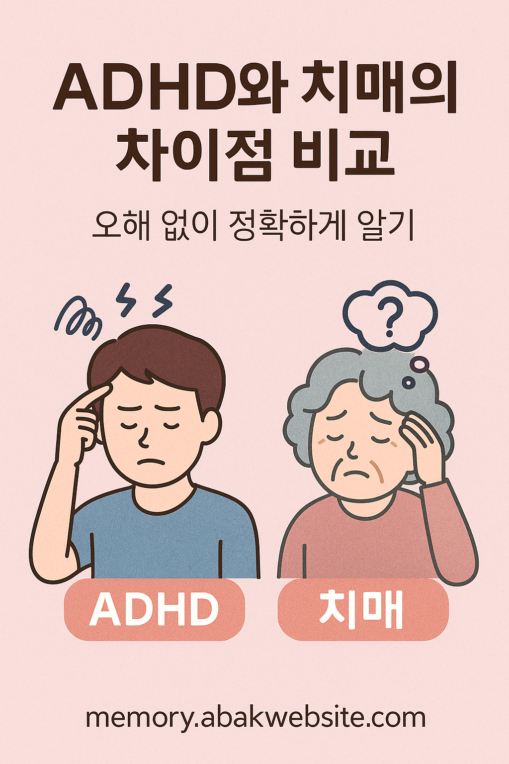 ADHD와 치매의 차이점을 설명하는 일러스트 이미지