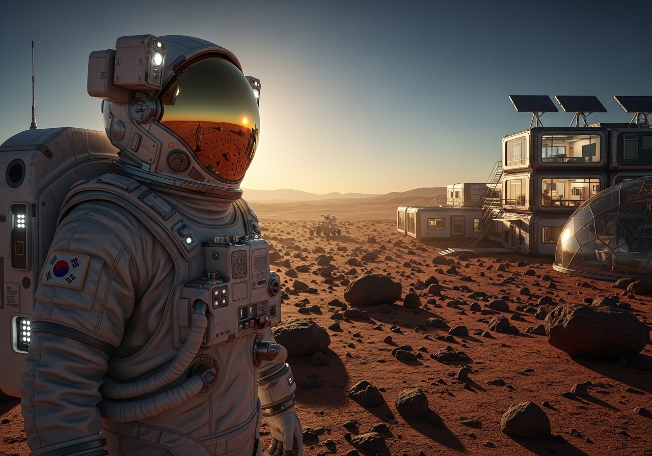 a modern EVA suit standing on the red, rocky surface of Mars