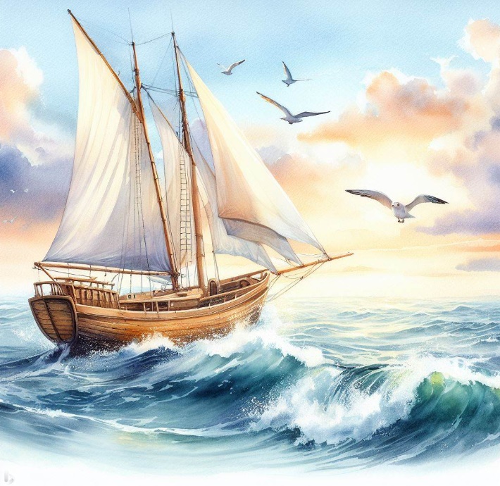 조류를 이용하여 항해하는 배(made by Bing)