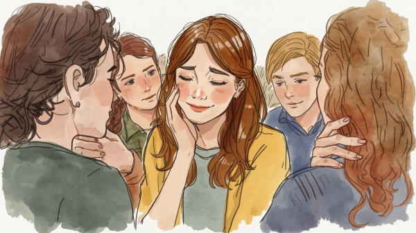 ESFJ는 타인의 감정에 쉽게 영향을 받습니다. 누군가가 힘들어하면 ESFJ도 덩달아 무거워지고, 분위기가 어색하면 스스로 그 분위기를 풀기 위해 애씁니다에 관한 그림