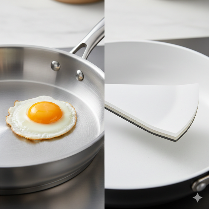스테인리스 프라이팬 예열 후 계란 프라이 조리 모습과 세라믹 팬 내부 단면 비교 사진