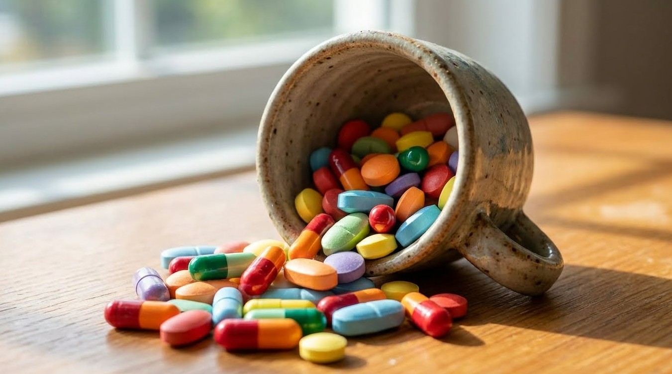 작은 컵안에 알약들이 들어가 있는 사진