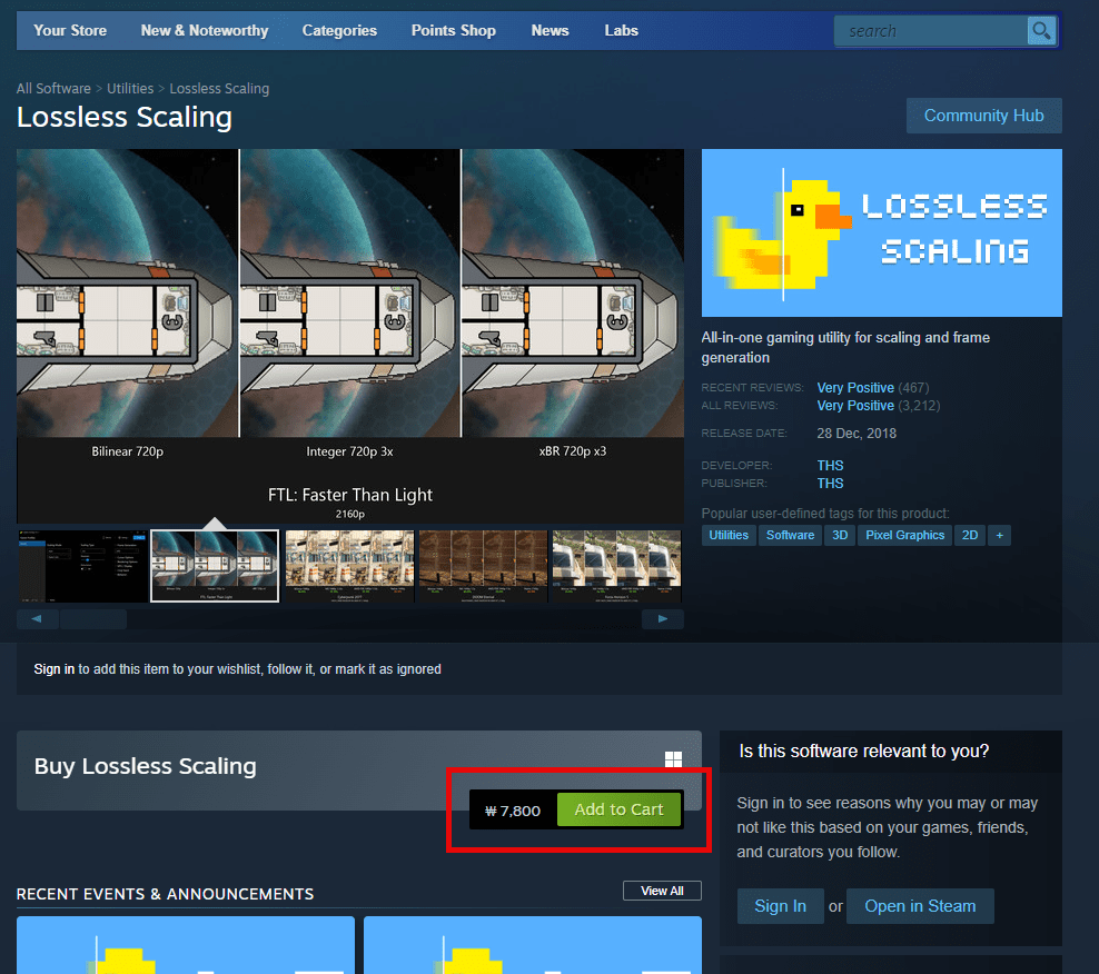 Lossless Scaling 스팀에서 7800원에 구입가능