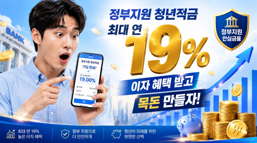 청년미래적금 소식을 접한 젊은청년이 놀라며 확인하고 있는 그림