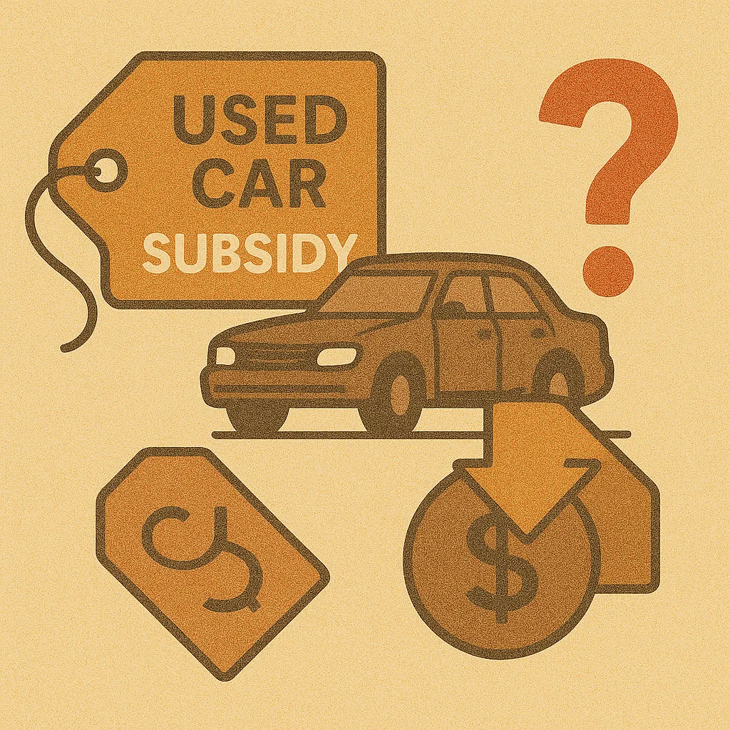중고차-보조금이-실제로-구매-비용-절감에-도움이-되는지를-묻는-일러스트-중고차-태그-자동차-달러-기호-물음표가-함께-있는-구성